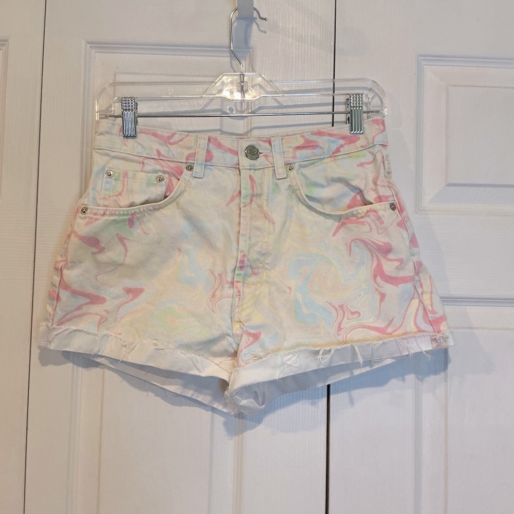 🩷 Zara Pastel Swirl Denim Button Fly Denim Jean Shorts - Size 6